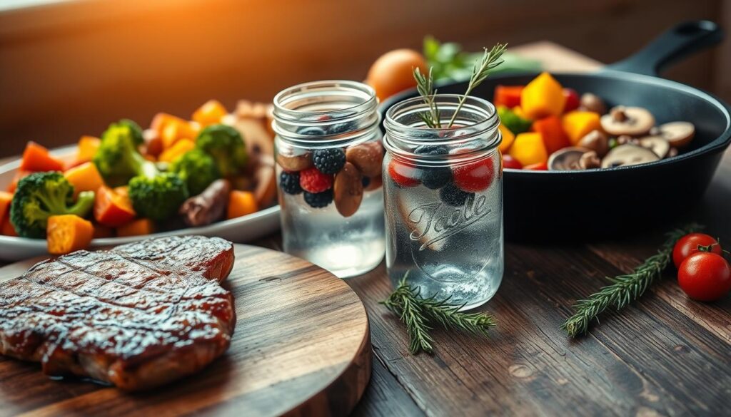 A close-up shot of a vibrant Paleo dinner spread on a rustic wooden table. In the foreground, a juicy steak sizzles on a cast-iron skillet, accompanied by a colorful array of roasted vegetables - crisp broccoli florets, tender sweet potatoes, and earthy mushrooms. The middle ground features a glass mason jar filled with a refreshing, berry-infused water, while a handful of fresh herbs, like rosemary and thyme, add pops of greenery. The background is softly lit, casting a warm, natural glow over the scene, emphasizing the meal's wholesome, nourishing qualities. The overall composition exudes a sense of balance, vitality, and the health benefits of a well-crafted Paleo dinner.