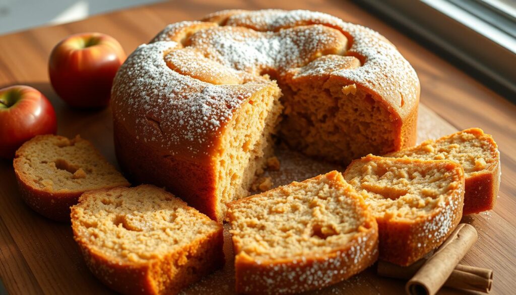 A luscious, freshly baked applesauce cake sits on a wooden table, its golden-brown surface glistening with a light dusting of powdered sugar. Slices of the moist, flavorful cake are arranged around it, revealing the rich, cinnamon-spiced crumb within. The cake is surrounded by a few fresh, red apples and cinnamon sticks, hinting at the wholesome, homemade ingredients used in its preparation. Soft, natural lighting casts a warm glow over the scene, creating an inviting and comforting atmosphere. The image conveys the mouthwatering appeal of this homemade treat, making the viewer eager to savor a slice. A luscious, freshly baked applesauce cake sits on a wooden table, its golden-brown surface glistening with a light dusting of powdered sugar. Slices of the moist, flavorful cake are arranged around it, revealing the rich, cinnamon-spiced crumb within. The cake is surrounded by a few fresh, red apples and cinnamon sticks, hinting at the wholesome, homemade ingredients used in its preparation. Soft, natural lighting casts a warm glow over the scene, creating an inviting and comforting atmosphere. The image conveys the mouthwatering appeal of this homemade treat, making the viewer eager to savor a slice.