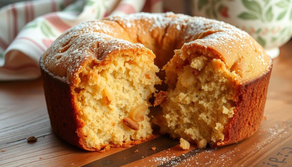 A moist, golden-brown applesauce cake rests on a rustic wooden surface, its delicate crumb visible under soft, natural lighting. Flecks of cinnamon and nutmeg dot the surface, hinting at the warm, comforting flavors within. Thick, creamy applesauce is swirled into the batter, creating a tender, melt-in-your-mouth texture. The cake is topped with a dusting of powdered sugar, adding a subtle sweetness and a touch of elegance. In the background, a vintage-inspired tea towel adds a cozy, homemade touch, while the warm, inviting atmosphere evokes the comforts of a well-loved kitchen. A moist, golden-brown applesauce cake rests on a rustic wooden surface, its delicate crumb visible under soft, natural lighting. Flecks of cinnamon and nutmeg dot the surface, hinting at the warm, comforting flavors within. Thick, creamy applesauce is swirled into the batter, creating a tender, melt-in-your-mouth texture. The cake is topped with a dusting of powdered sugar, adding a subtle sweetness and a touch of elegance. In the background, a vintage-inspired tea towel adds a cozy, homemade touch, while the warm, inviting atmosphere evokes the comforts of a well-loved kitchen.