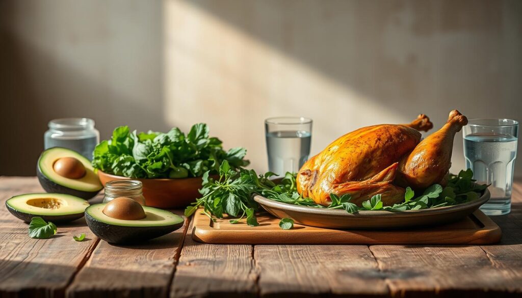 A rustic wooden table with a selection of paleo-friendly foods neatly arranged, including a whole roasted chicken, fresh greens, sliced avocado, and a glass of water. Soft, natural lighting illuminates the scene, casting a warm, inviting glow. In the background, a simple yet elegant minimalist backdrop in earthy tones complements the natural aesthetic. The composition emphasizes the simplicity and wholesomeness of the paleo diet, conveying a sense of balance and health.