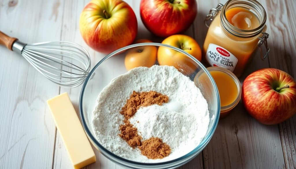 A still life arrangement showcasing the essential ingredients for a homemade applesauce cake, captured in soft, natural lighting. In the foreground, a mixing bowl filled with all-purpose flour, baking soda, ground cinnamon, and a pinch of salt. Surrounding the bowl, an assortment of ripe apples, a stick of butter, and a jar of applesauce. In the middle ground, a whisk, a wooden spoon, and a measuring cup. The background features a rustic wooden surface, with a light, airy atmosphere that evokes the warmth and comfort of a cozy kitchen. A still life arrangement showcasing the essential ingredients for a homemade applesauce cake, captured in soft, natural lighting. In the foreground, a mixing bowl filled with all-purpose flour, baking soda, ground cinnamon, and a pinch of salt. Surrounding the bowl, an assortment of ripe apples, a stick of butter, and a jar of applesauce. In the middle ground, a whisk, a wooden spoon, and a measuring cup. The background features a rustic wooden surface, with a light, airy atmosphere that evokes the warmth and comfort of a cozy kitchen.